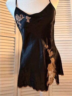 Victoria's Secret Black Satin Slip Mini with Gold Lace Appliqué vintage Y2K